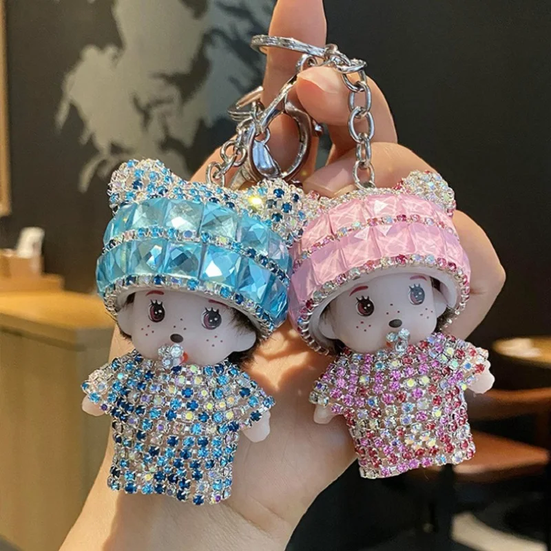 Chaveiro de boneca Monchi criativo incrustado de diamantes Kawaii, pingente de bolsa de menina, chaveiro de carro, presentes de feriado para crianças