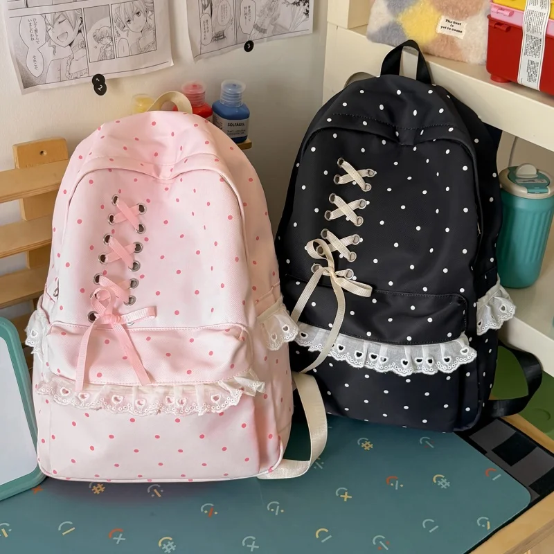 Kawaii Polka Dot Travel Rucksack with Bow and Ruffed Lace School Bag Coquette Travel Casual Daypack for Teen Girls Women