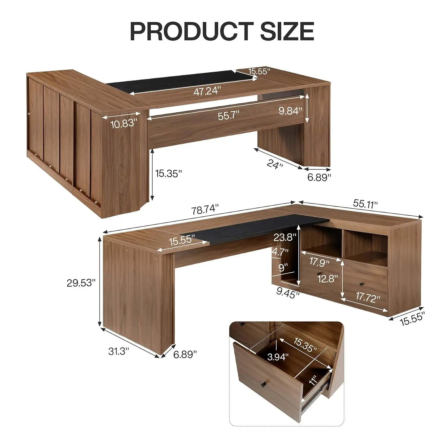 L-Shaped Executive Desk With File Cabinet, Large Office Workstation, 79 Inch, Customized