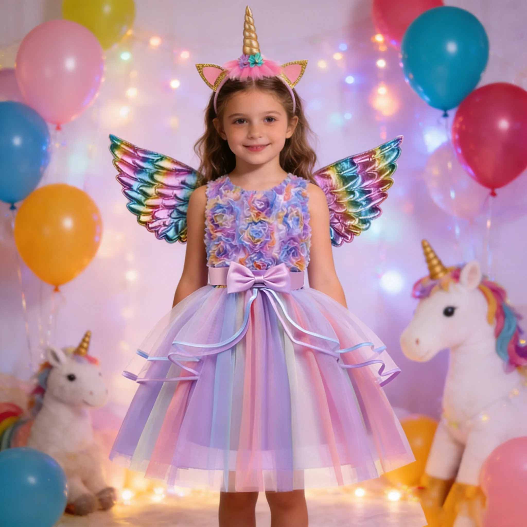 luxury Girl's cartoon Unicorn Rainbow Dress headband wings Three Piece Set Wedding Party Dress Carnival Girl's Birthday Party