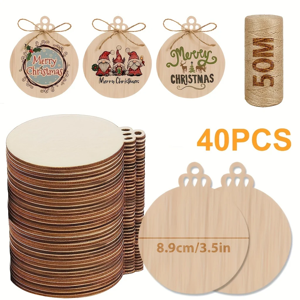 120/80/40/20pcs 50m Jute Rope 3.5 Inch DIY Wooden Christmas Ornaments Pre-Drilled Wood Slices Crafts Holiday Hanging Decorations