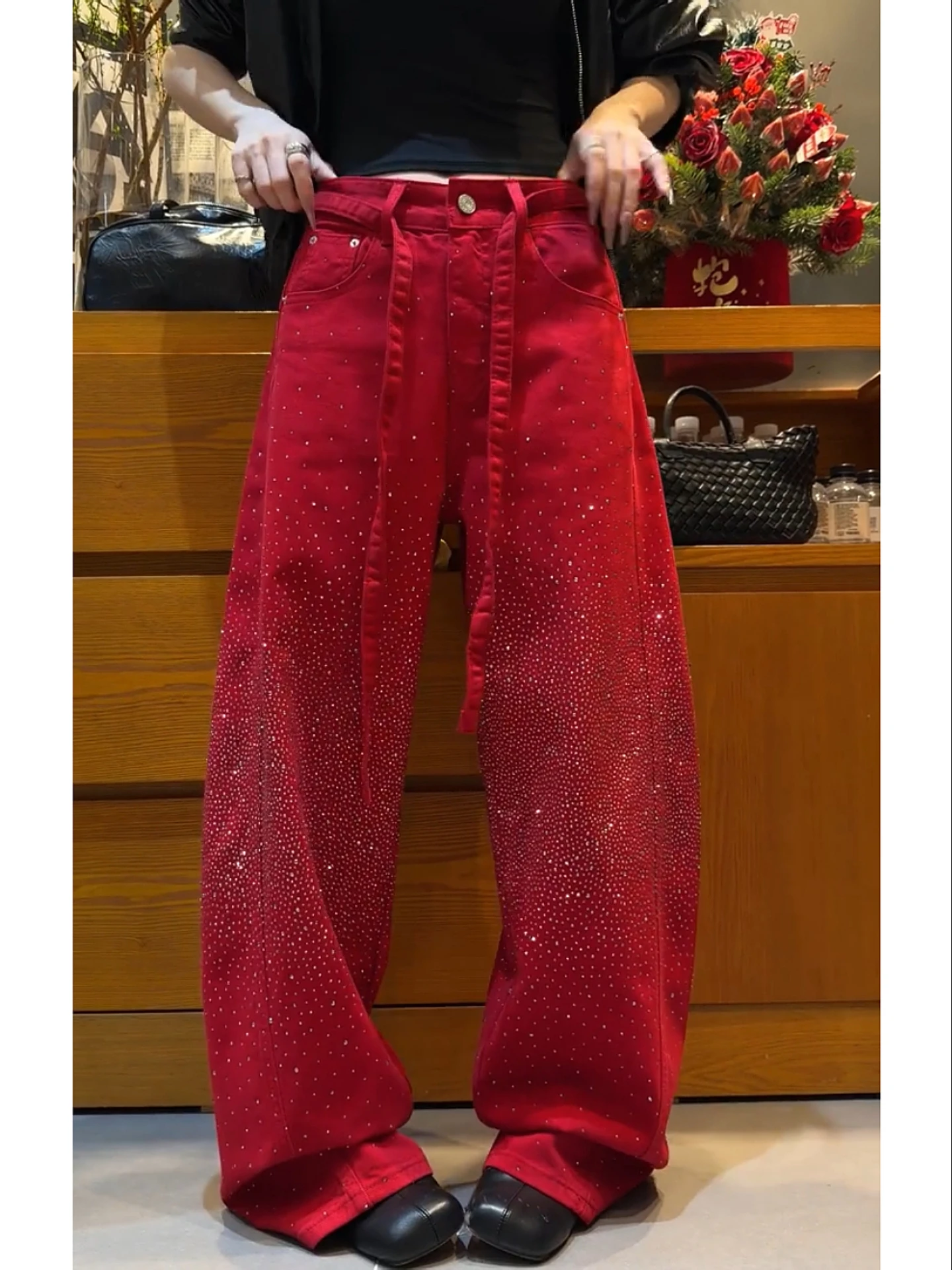 

American Vibe Large Size Retro Star Rhinestone Denim Pants Women Spring New Loose Slimming Drapey Knife Jeans