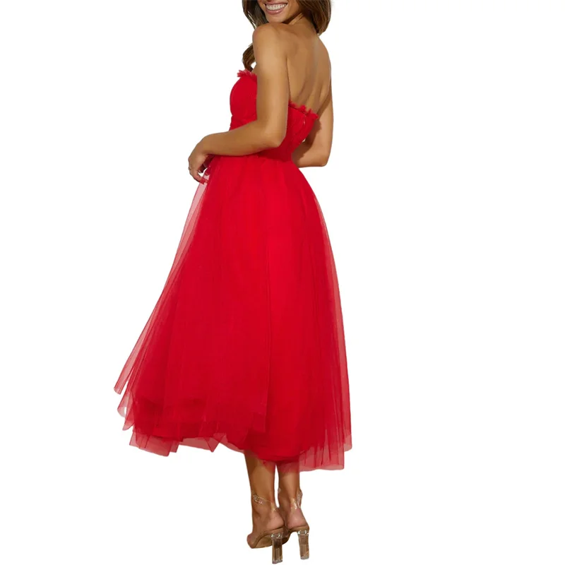 Summer Women Sexy Party Gown Tulle Dresses Women Frill Off Shoulder Sleeveless Strapless Backless High Waist A-line Dress Club