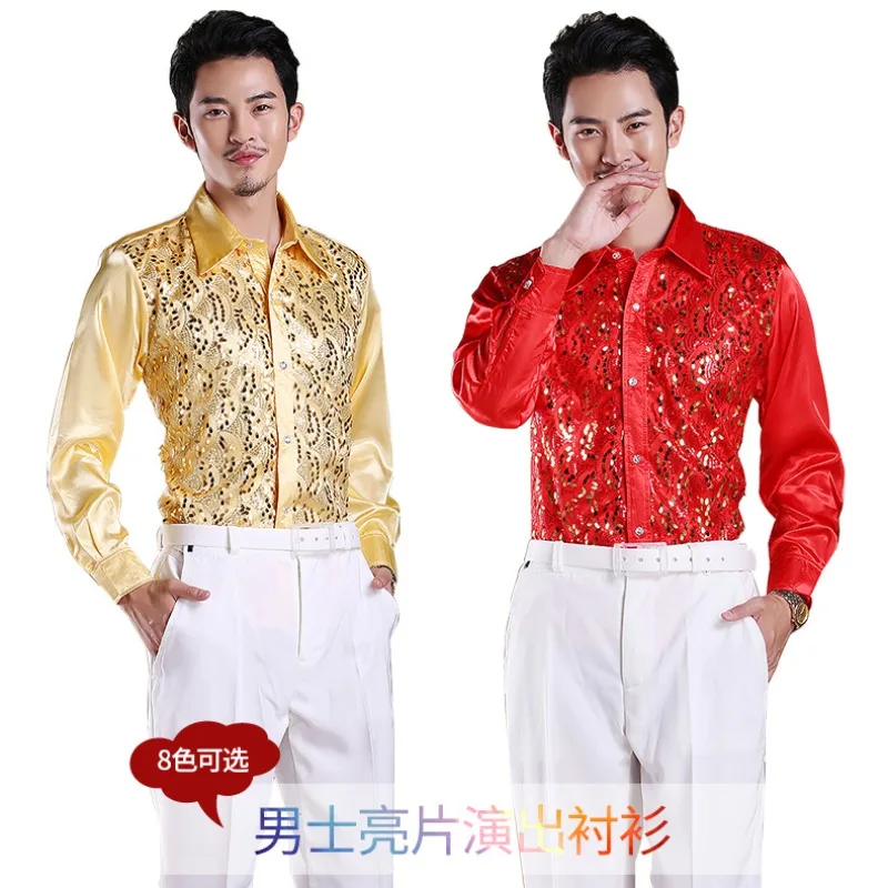 Men's Sequinned Long-sleeved Shirt in Vibrant Colours, Suitable for Stage Performances, Studio Shoots and Stage Singers' Attire.