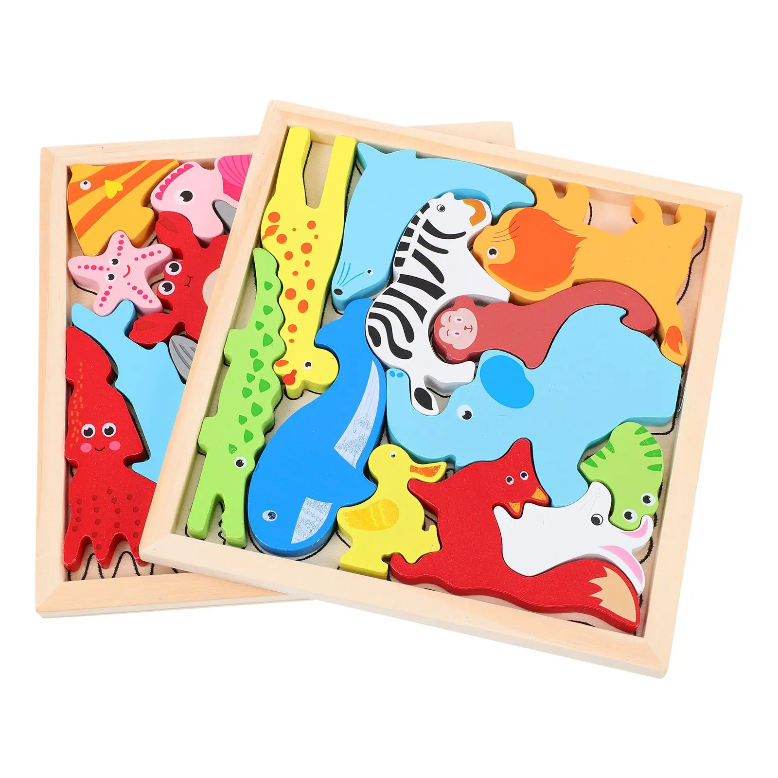 

Wooden Puzzle 3D Animal Matching Jigsaw Blocks Kids Educational Cartoon Bright Smooth Reusable Animal Puzzle Board Grasping