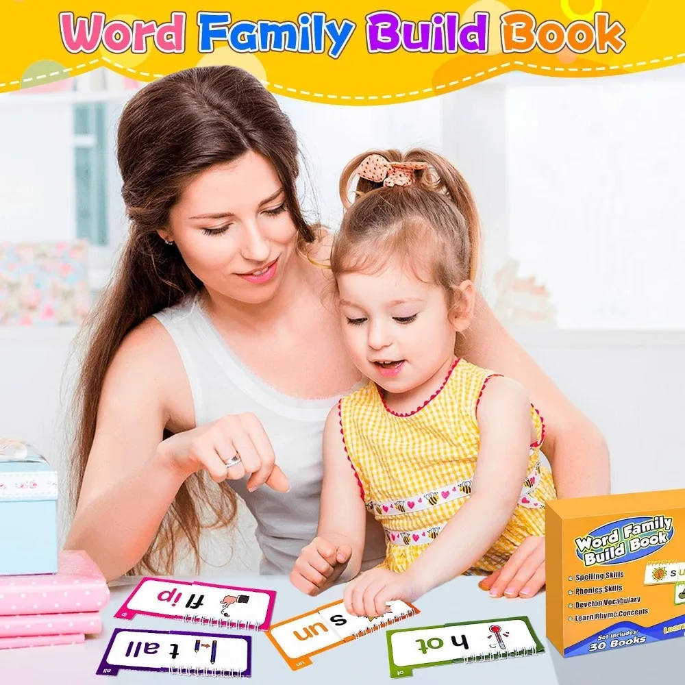 Phonics Flash Cards 30 Read Rhyme Flip Books Early Educational Alphabet Kids Word Family Building Reading Learning Game Toddlers