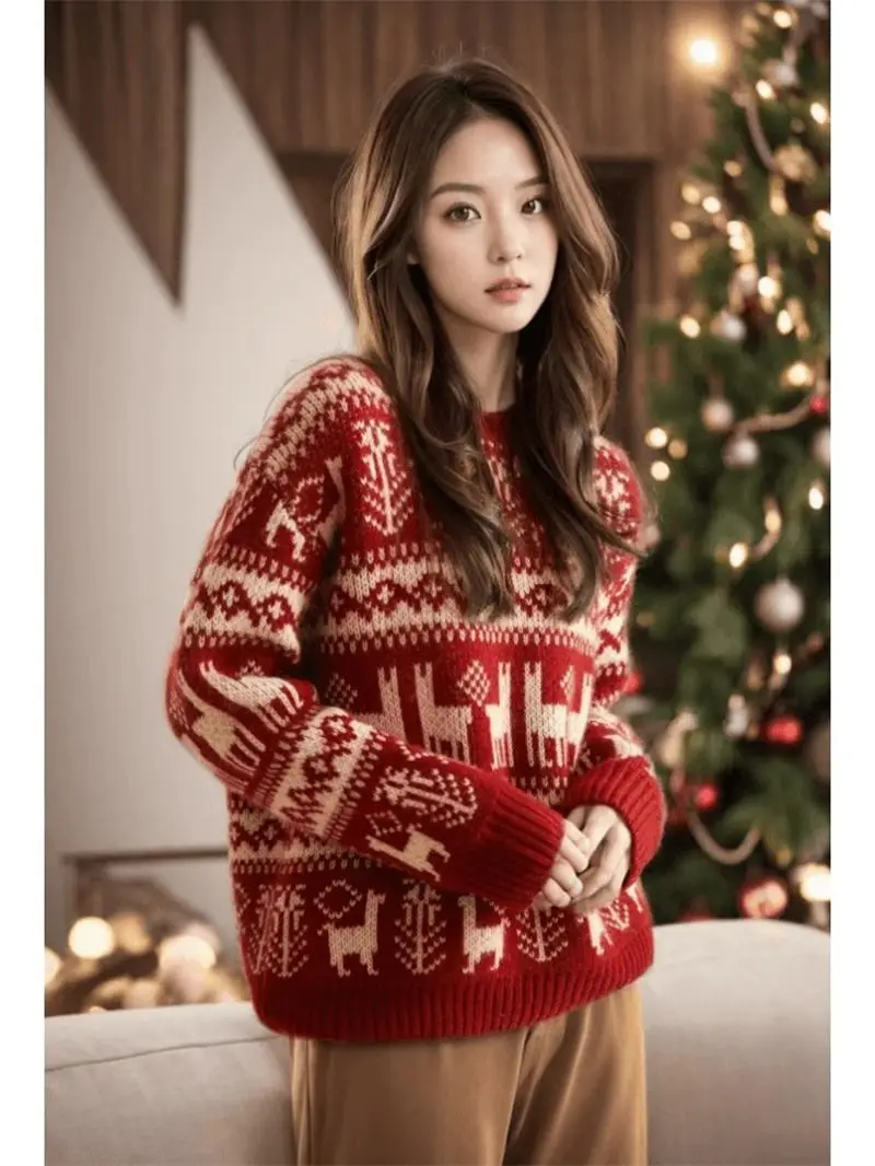 

2025 Women Red Christmas Sweater Holiday Knit Top Vintage Loose Pullover Winter Festive Blouse