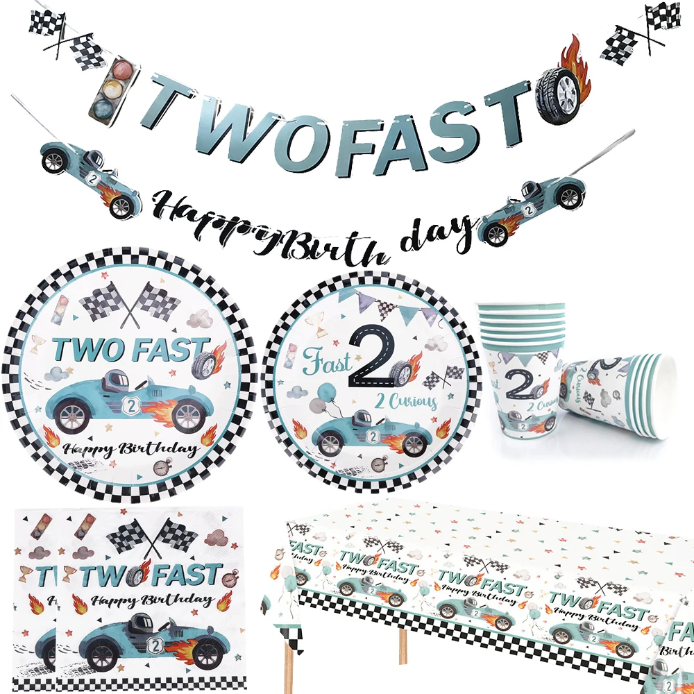 Two Fast Party Decoration Disposable Tableware Plate Cup Napkin Tablecloth Two Fast Banner Racing Car Birthday Party Supplies