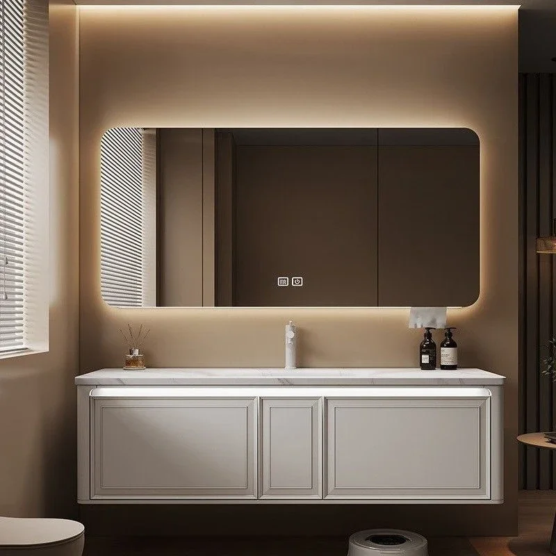 

Современный простой двойной умывальник во французском кремовом стиле, комбинированный шкаф для ванной комнаты, каменная плита, горячий изгиб, встроенная раковина, умывальник