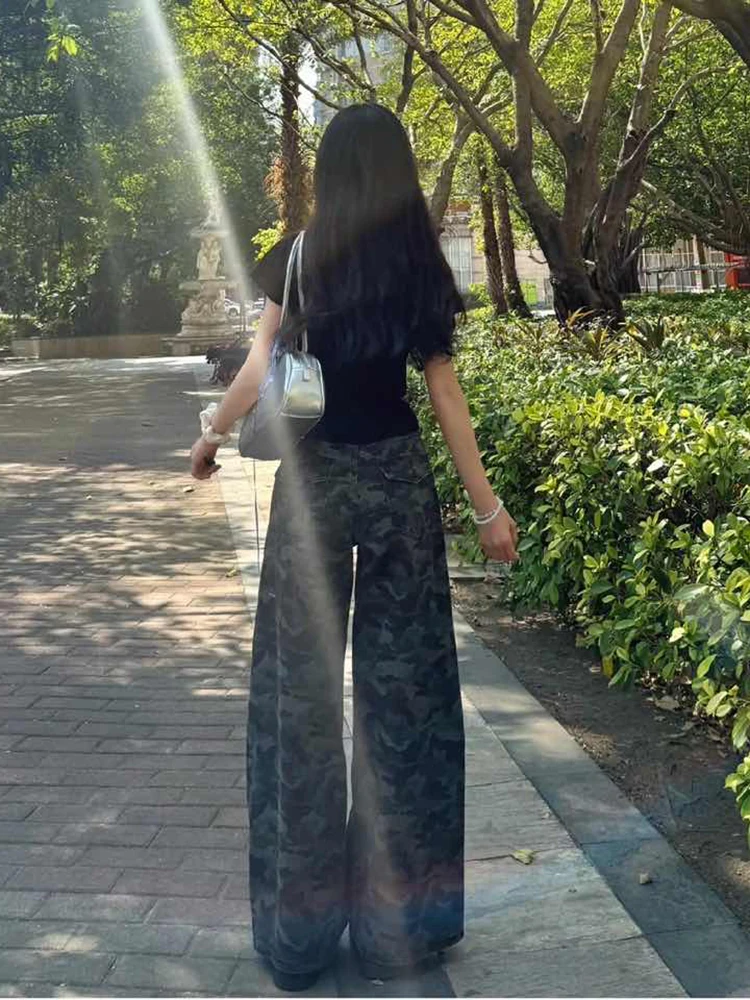 미국 레트로 카모플라주 와이드 레그 워크웨어 청바지 여성용 2025년 봄 신상 디자인 스트레이트 컷 바지 캐주얼 하이웨이스트 롱...