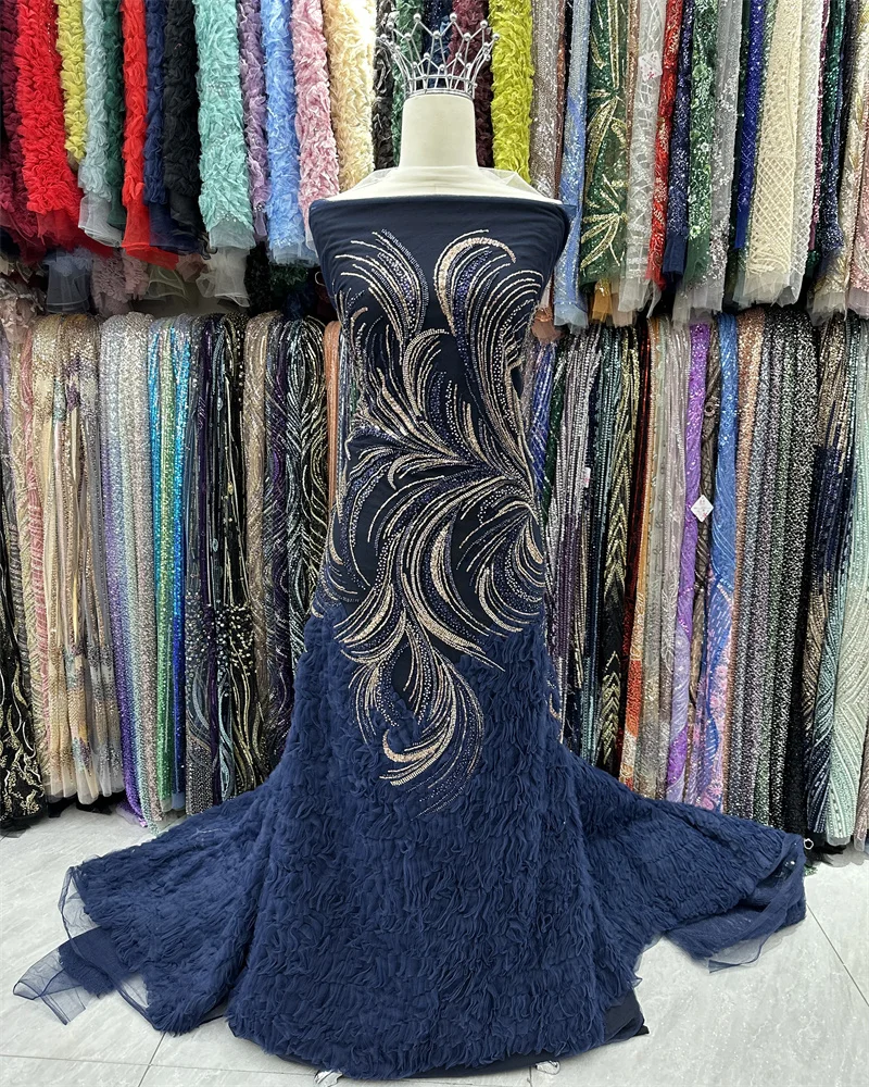 

3d Beaded Lace Fabric African Luxury Fabric 5 Yards Beaded Lace Fabric Nigerian Sequins For Wedding Party Dress Women