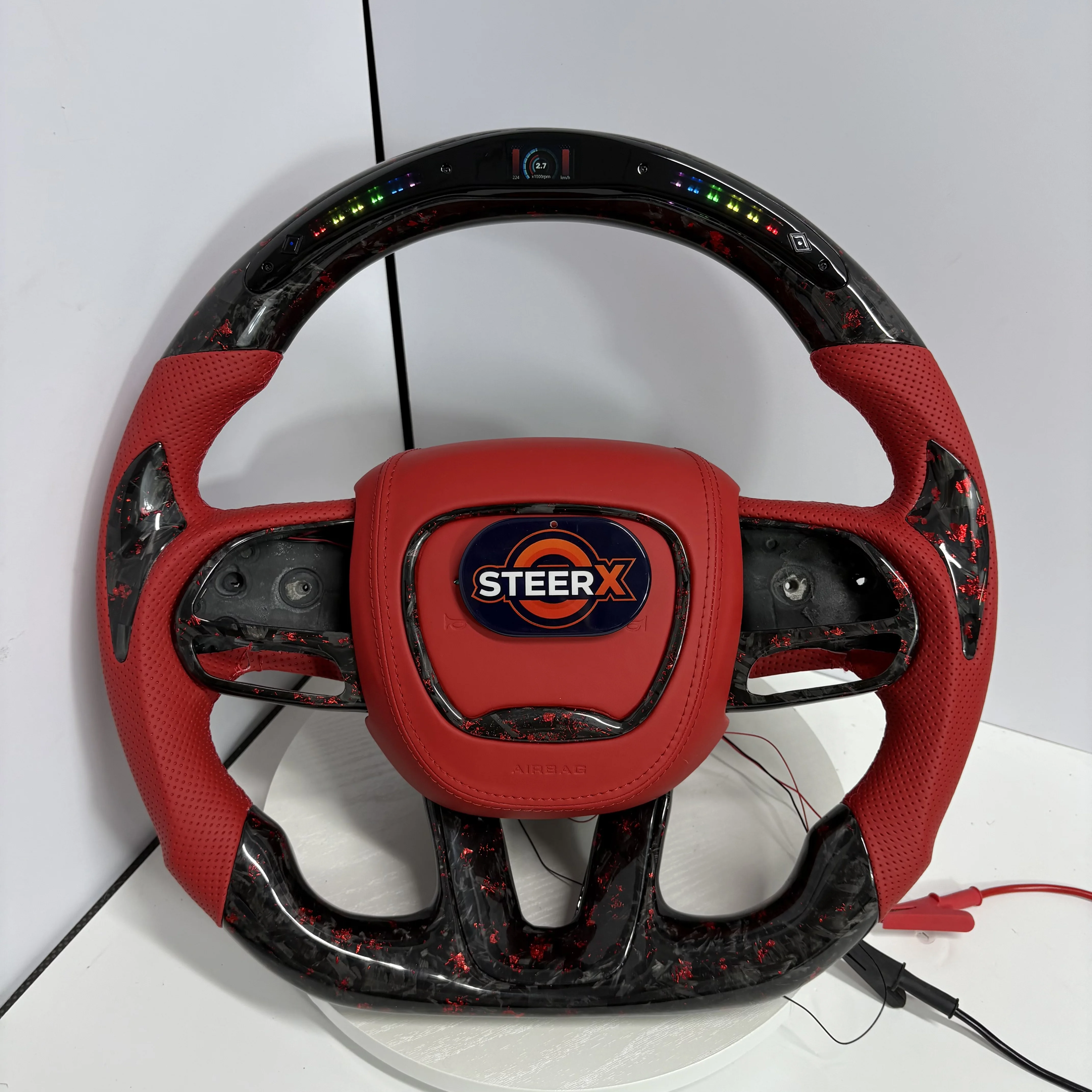 

Горячая распродажа | Красный кожаный кованый светодиодный руль из углеродного волокна для Dodge Challenger, Charger, Hellcat и Grand Cherokee