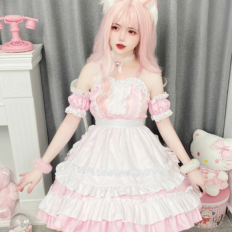 Japońska sukienka Lolita Anime kotka dziewczyna Plus rozmiar słodka pokojówka kostium Cosplay na Halloween różowe falbany Kawaii sukienki księżniczki na przyjęcie