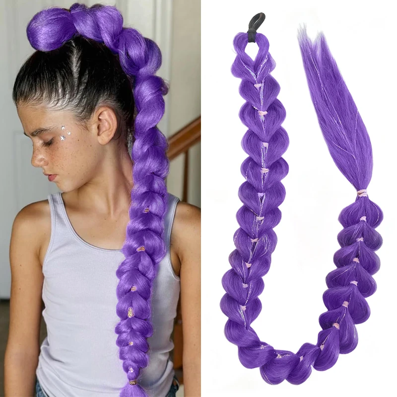 

32-дюймовые синтетические фиолетовые плетеные волосы, наращивание хвоста, длинный хвост с мишурой, парик для детей, рождественский косплей, волосы Rumi