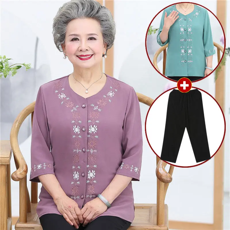 Grandma Clothes Spring Summer O-Neck Blouse Mother Three Quarter Sleeves Chiffon Shirts Elderly Women Blusa Embroidery Tops Sets