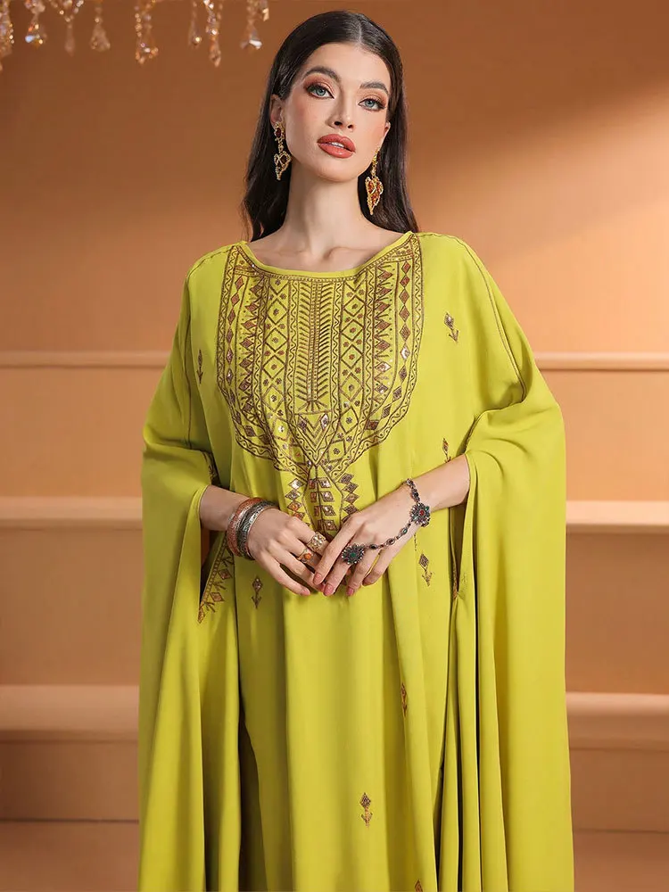Moslim Vrouwen Batwing Mouw Jurk Eid Djellaba Sequin Abaya Dubai Kaftan Borduren Islam Kleding Turkije Caftan Femme Gewaad Gown