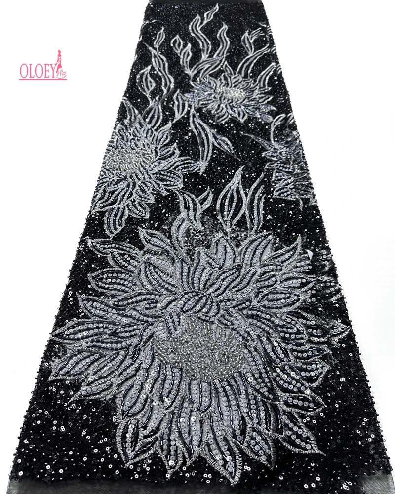 

African French Sequined Lace Fabric High-Quality Tulle Beaded Embroidered Nigerian Dress Material for Party Wedding
