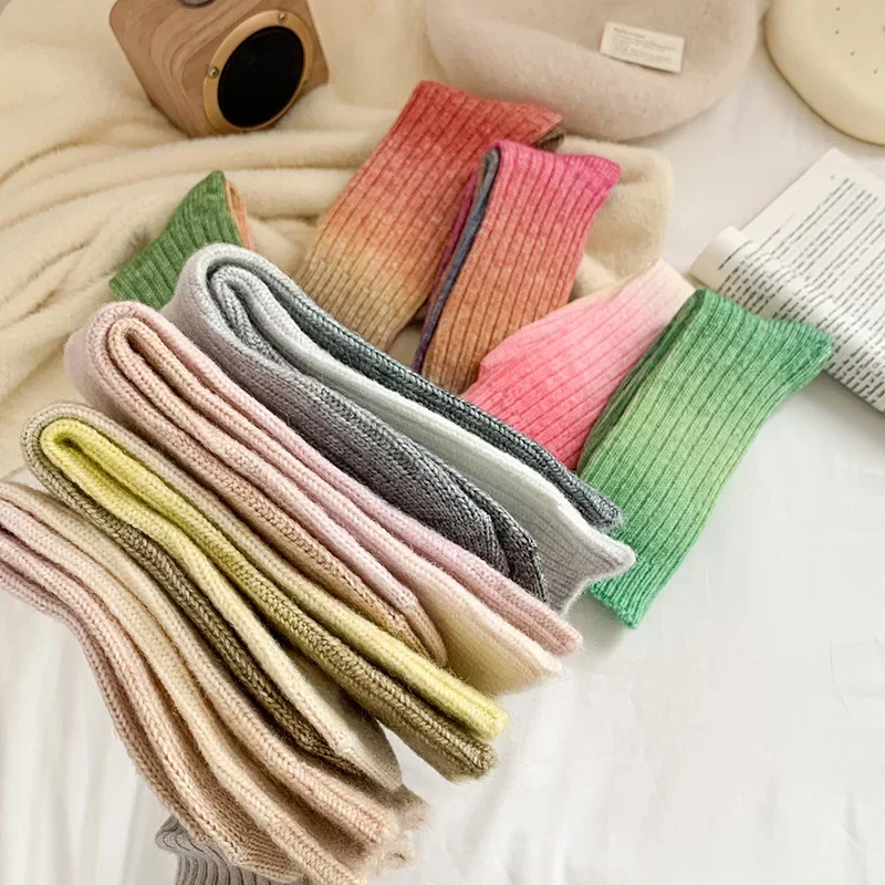 Socks Women Autumn Winter Thick Warm Long Socks Color Gradient Wool Cashmere Thermal Floor Sleeping Socks New Year Gifts