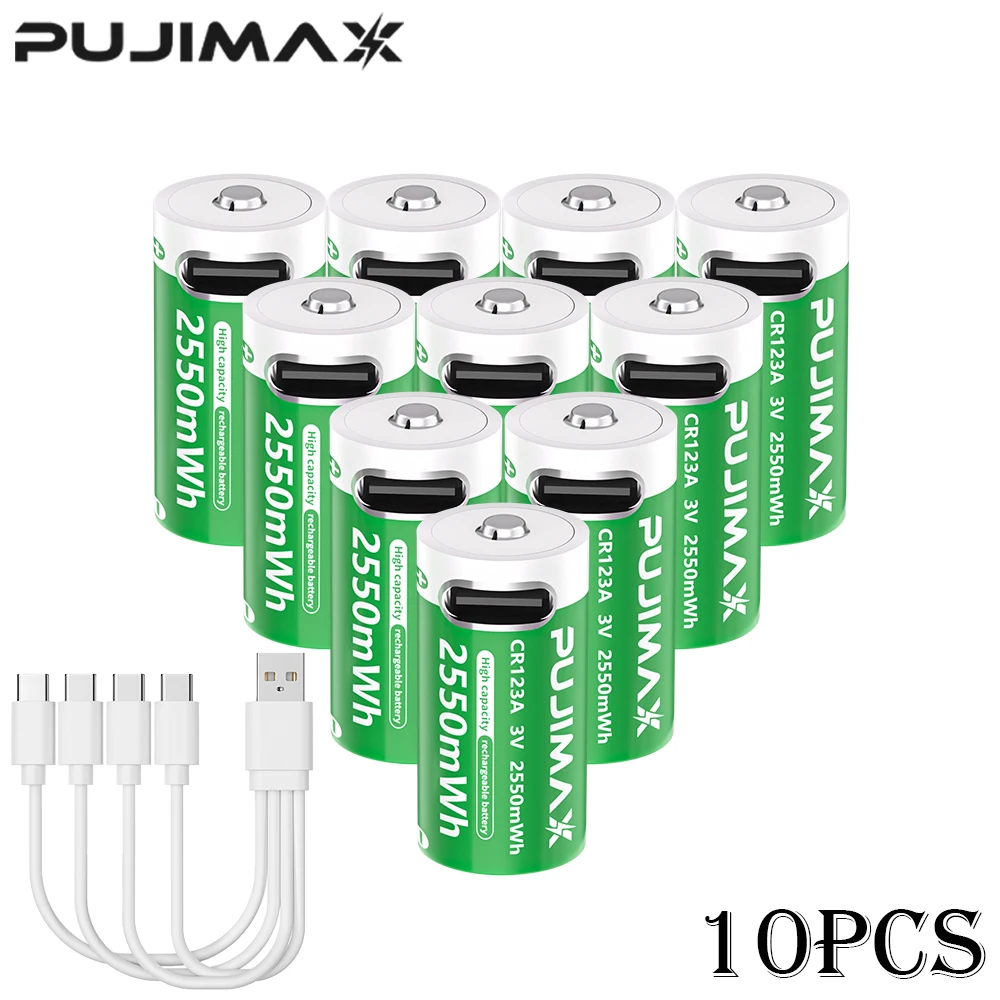 PUJIMAX CR123A-Batterien mit USB-C-Schnellladekabel – 2550 mWh Li-Ionen-Polymerzellen mit hoher Kapazität für Taschenlampen und Kameras
