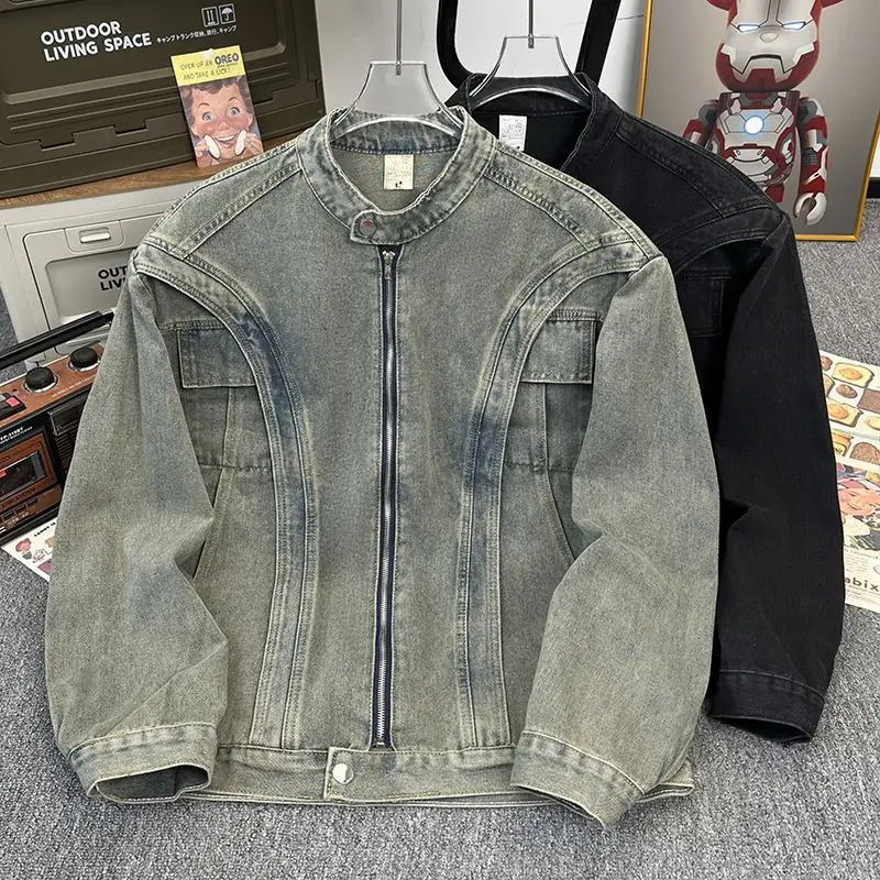 

Waed Denim Jaet ort Retro Sle ex Youth Faion Casual Wear Resistant Cotton Blend Long Sve Stand Collar Coat