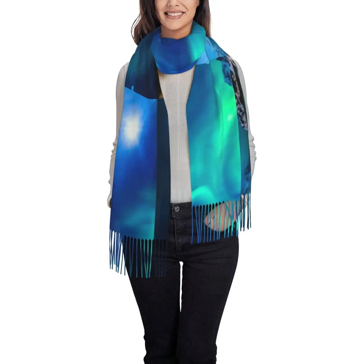 

Северное сияние, женский шарф из пашмины, шаль для мамы, бабушкины, жены, подруги, праздничный подарок на зиму, модный легкий шарф