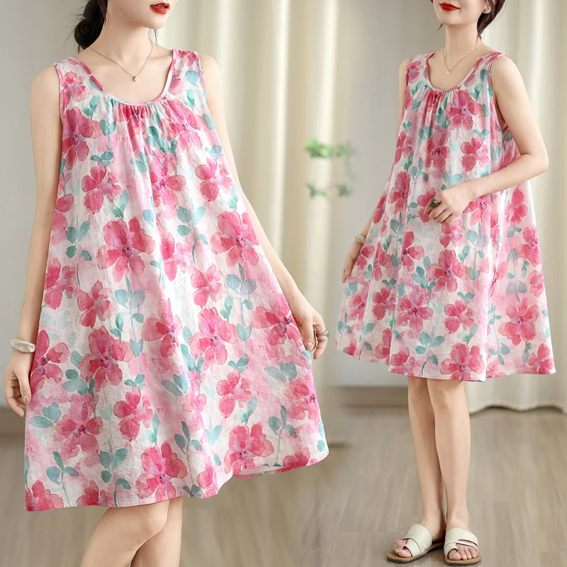 

Летняя хлопково-льняная круглая юбка больших размеров с принтом Ne, жилет, юбка трапециевидной формы с высокой талией, юбка средней длины