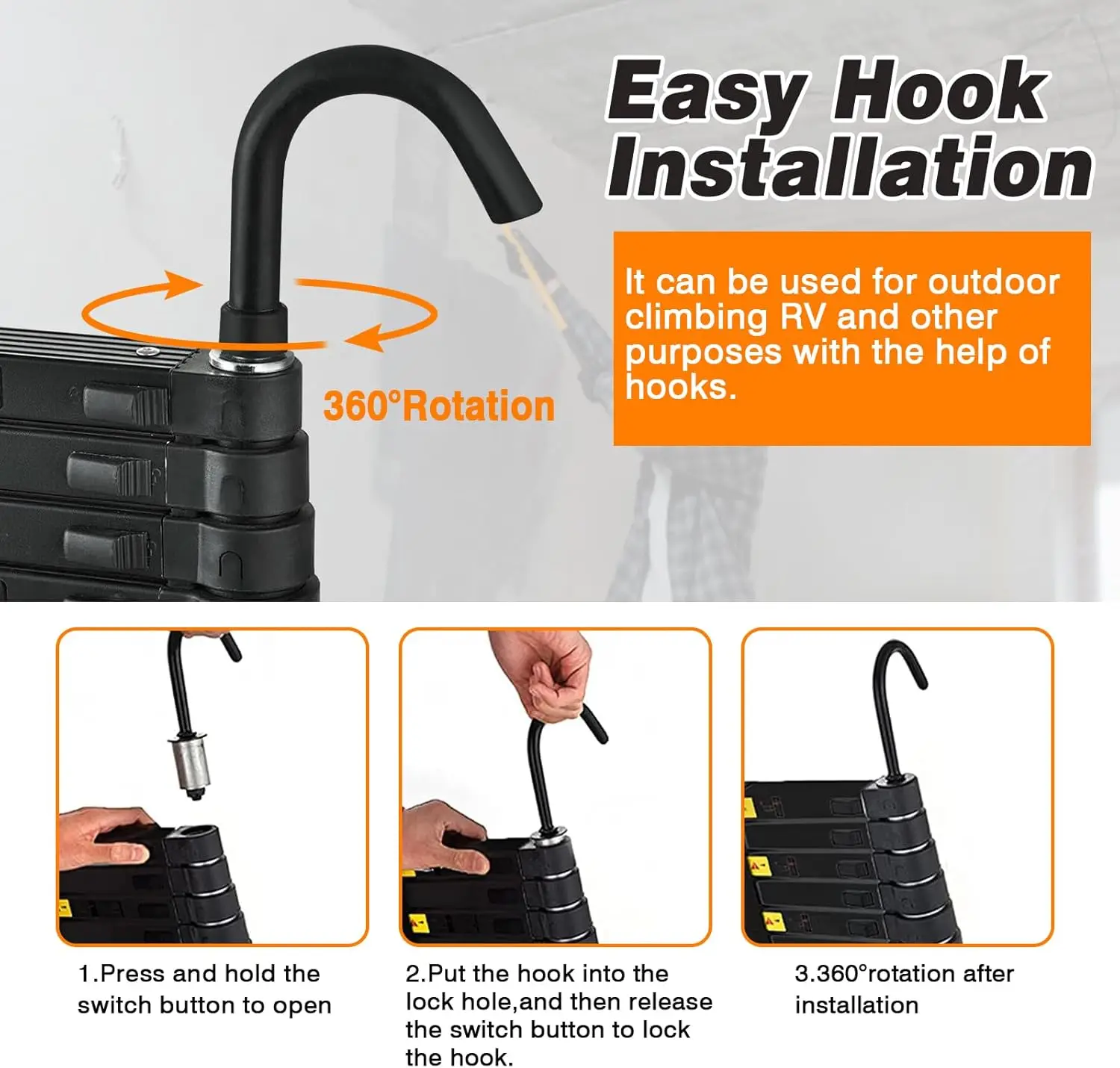 Multi-Purpose Telescopic Ladder w/Removable Hook ，Aluminium Folding Ladder Non-Slip Extendable Step Ladder Load 150 kg