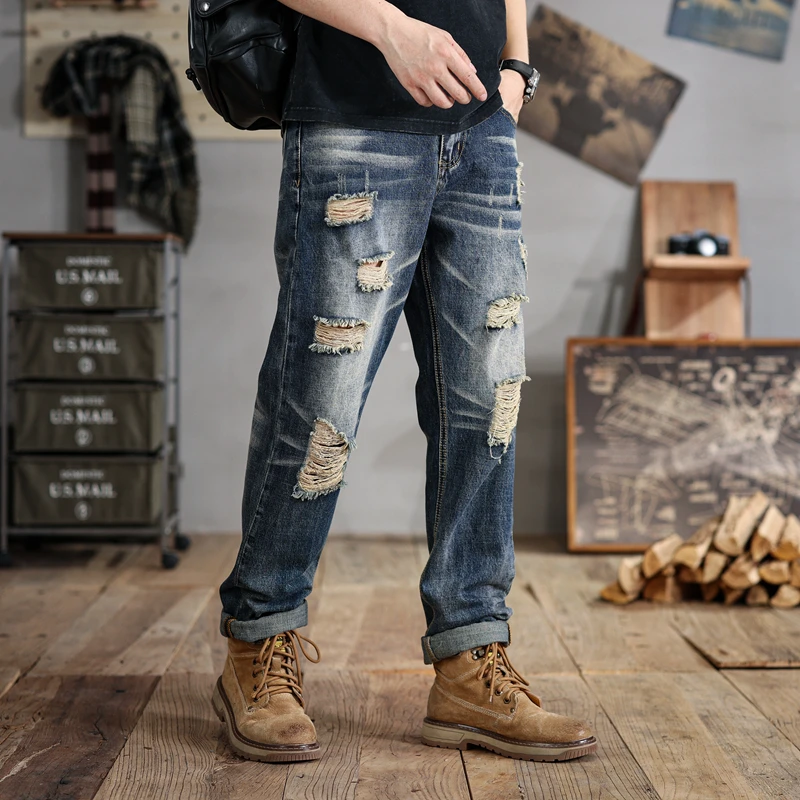 

28-48Large Size Men's Ripped Jeans Men's Retro Trendy Loose Straight Wide Leg Casual Fashion Fat People 280KGPants