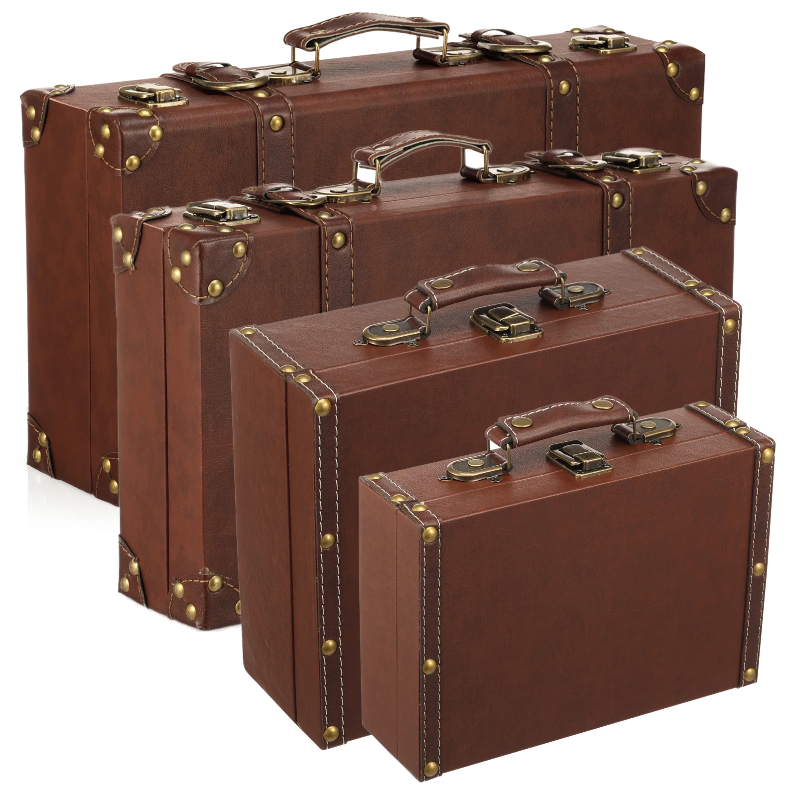 Vintage Leather Suitcase Luggage Clothing Organizer Portable Trunk Handbag Wooden Antique Ornament Carrying Prop Storage Box