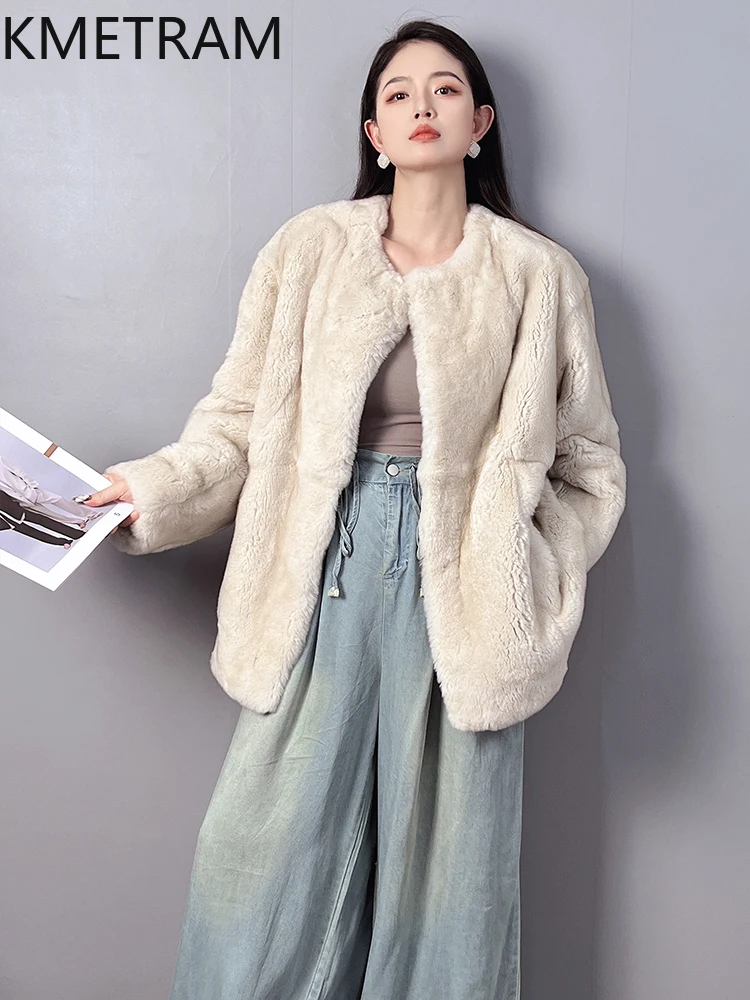 천연 렉스 토끼털 코트 여성 패션 오프화이트 리얼 퍼 코트 여성용 고품질 겨울옷 2025 여성용 코트