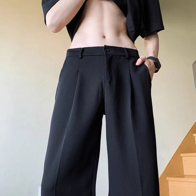 Men's Black Wide Leg Dress Pants Loose Straight Fit Trousers Thin Wrinkle Free Elegant Drape Casual Summer