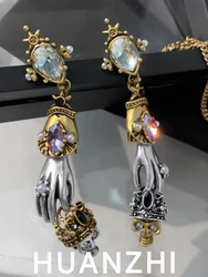HUANZHI Retro Skeleton Hands Zircon Drop Earrings for Woman Hip-hop Golden Crown Skeleton Dangle Earrings Jewelry Wholesale Gift