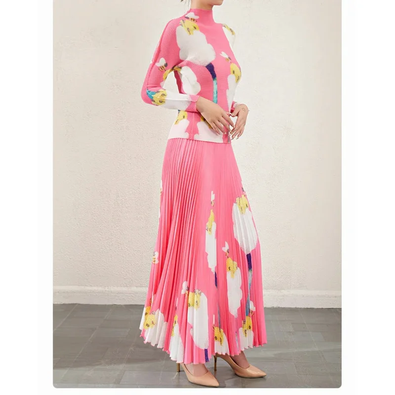 

Pleated and Westernized Age Reducing Fashion Set Spring and Autumn New Three House Elastic Printing Top Half Skirt Two Piece Set