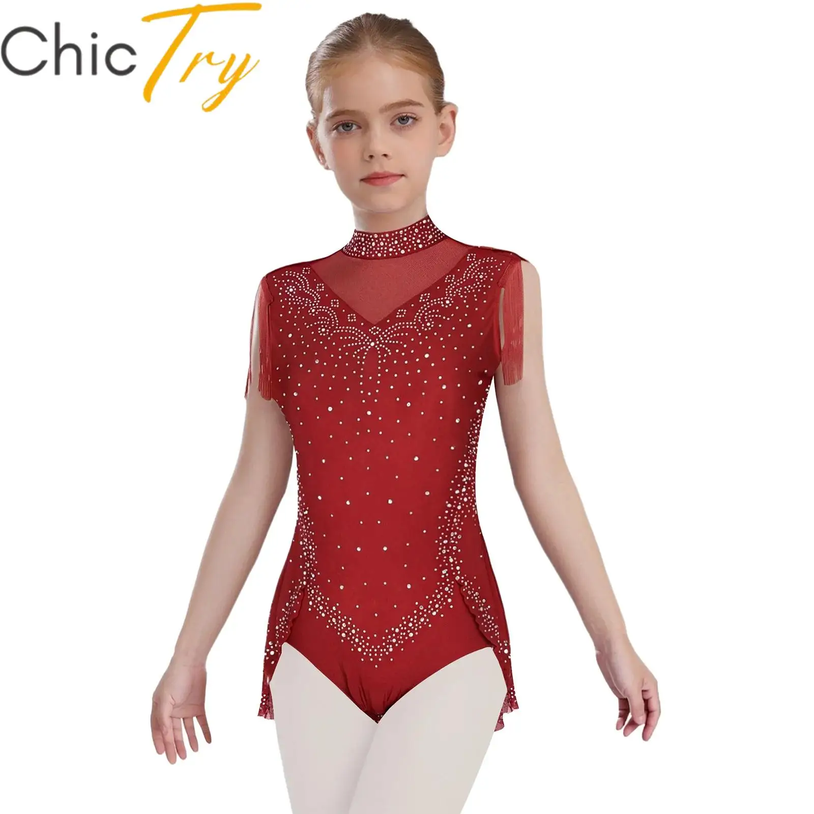 

Kids Girls Rhinestones Ballet Gymnastics Dance Leotard Sleeveless Sheer Mesh Patchwork Tassel Skirted Figure Skating Bodysuit