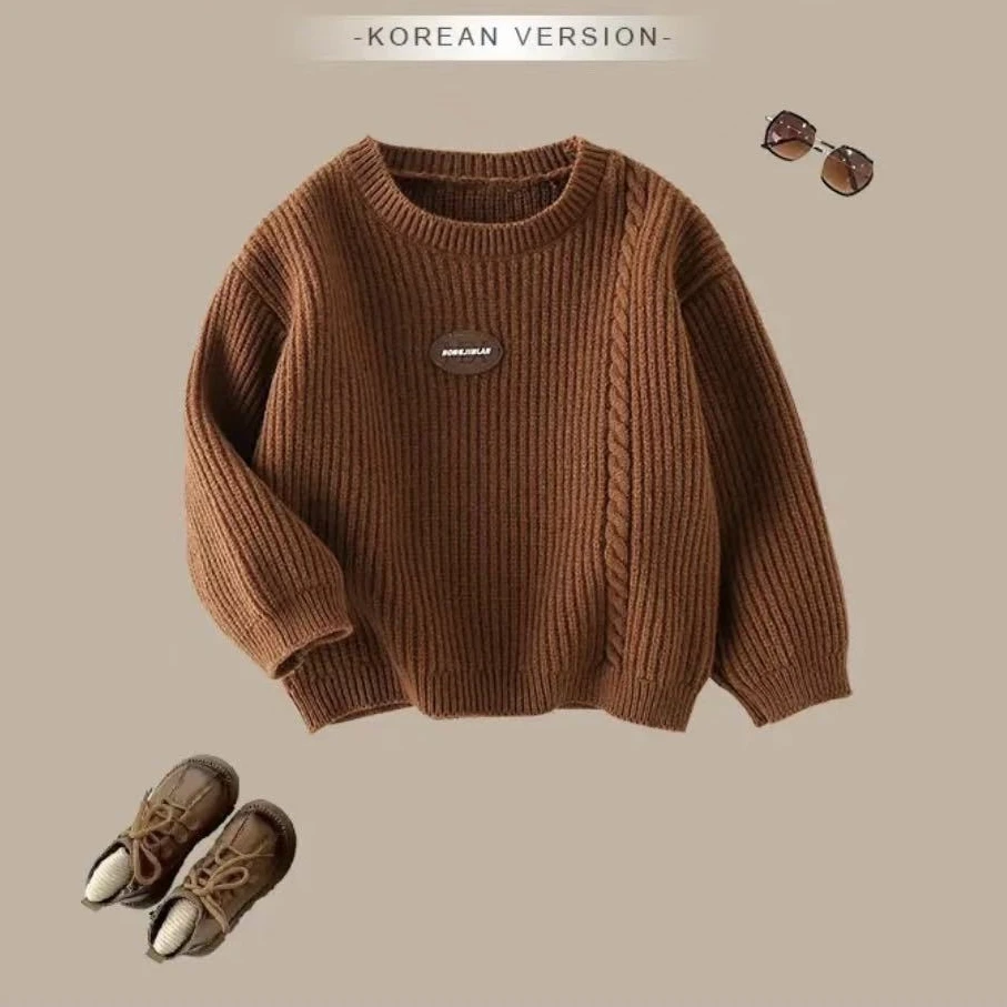 

Children's 2023 Autumn/Winter Korean Sweater Round Neck Neutral Knitted Round Neck Coffee Color Pullover