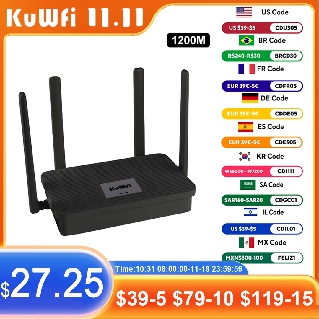 KuWFi AC1200 Wifi Router High Performance 1200Mbps Dual Band 2.4G&5GHz Smart Home Wireless Router 4 Antennas for Network