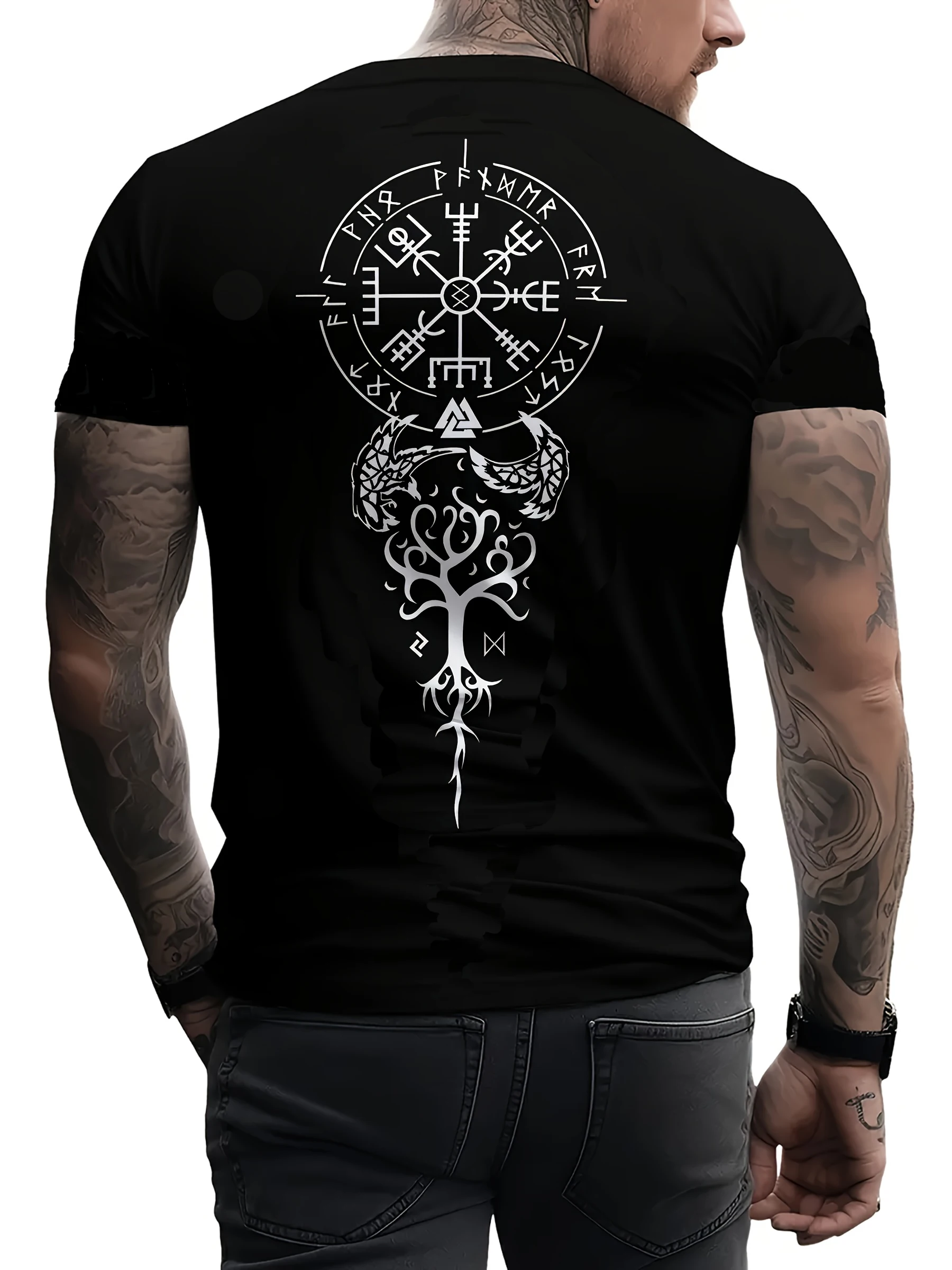 Nordic Warrior Vegvisir Compass with Futhark Runes T-Shirt 100% Cotton O-Neck Short Sleeve Summer Casual Mens T-shirt Streetwear