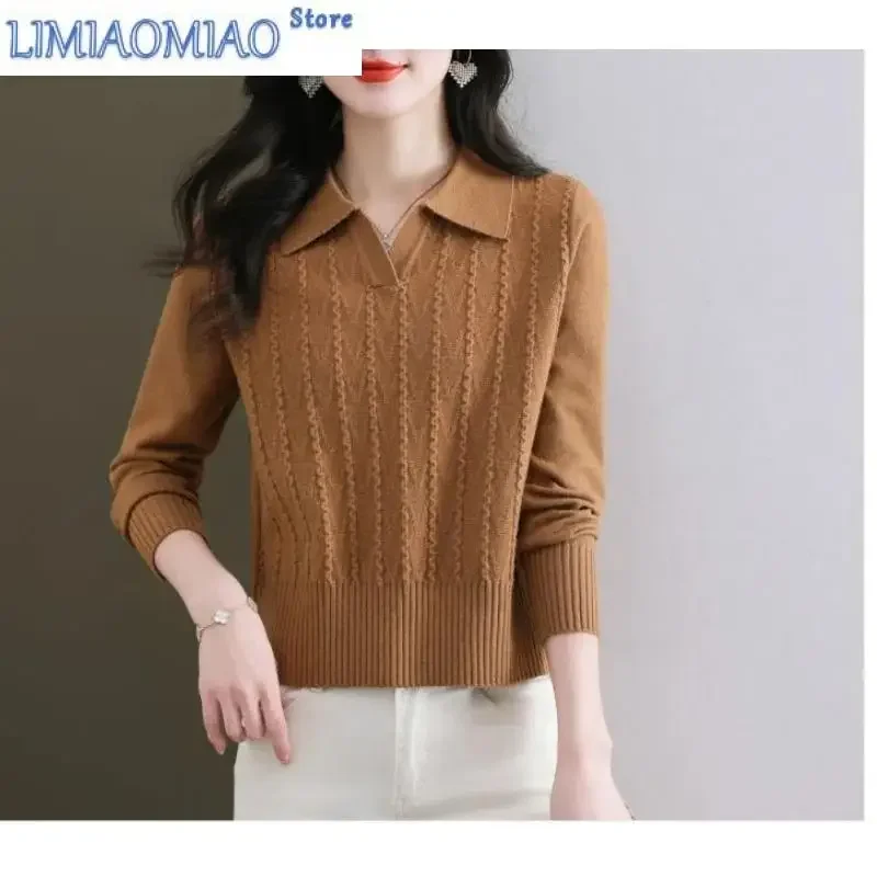 

Autumn Winter Women's Clothing Solid Color Peter Pan Collar Pullover Sweater Knitted Lantern Long Sleeve Elegant Commute Tops