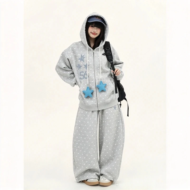 American Vintage Y2k Tracksuits Women Loose Full-zip Hooded Jackets with High Waist Wide-leg Sweat Pants Casual Fitness 2pcs Set