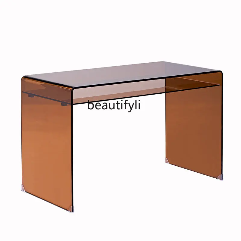 Amber-Yellow Glass Minimalist Light Luxury Desk Home Computer Desk Minimalist Small Desk 60cm Long