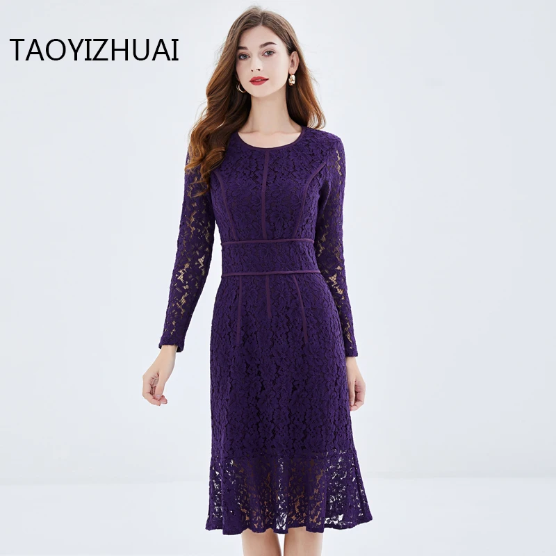 

Spring and Autumn New French Slightly Fat Large Women's Casual Versatile Wrap Hip Lace Bottom Fishtail Dress