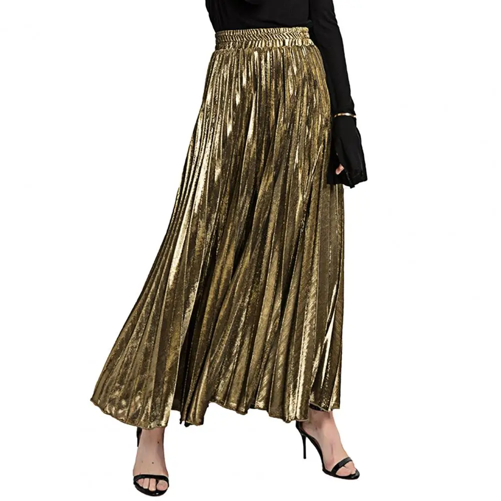 Breathable Beach Skirt Women Maxi Skirt High Waist Pleated Skirt Elastic Waistband Long Golden Design Spring Summer Travel Wear
