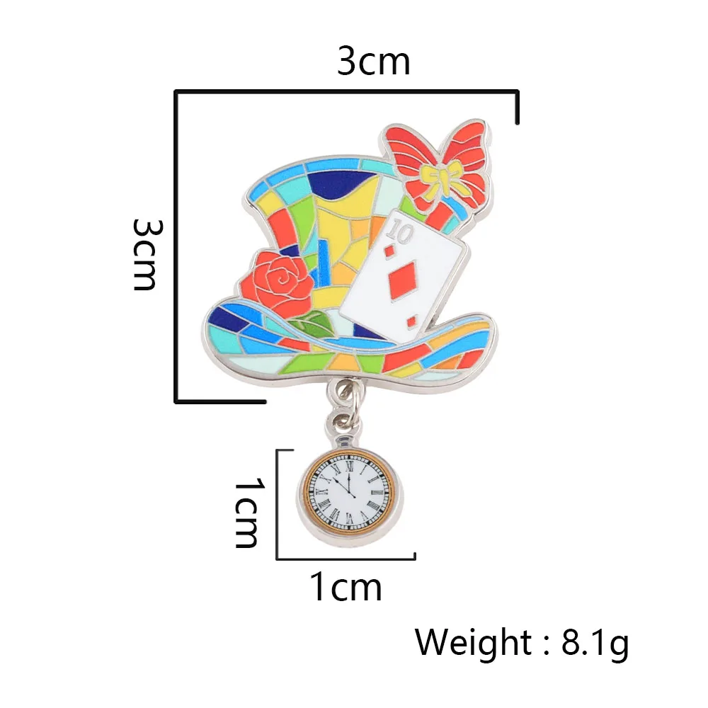 Bunte Pokerhut-Emaille-Pins, kreativer Zylinderhut mit hängender Taschenuhr, Broschen, Märchen-Abzeichen, Anstecknadel, Geschenk – Detail 2
