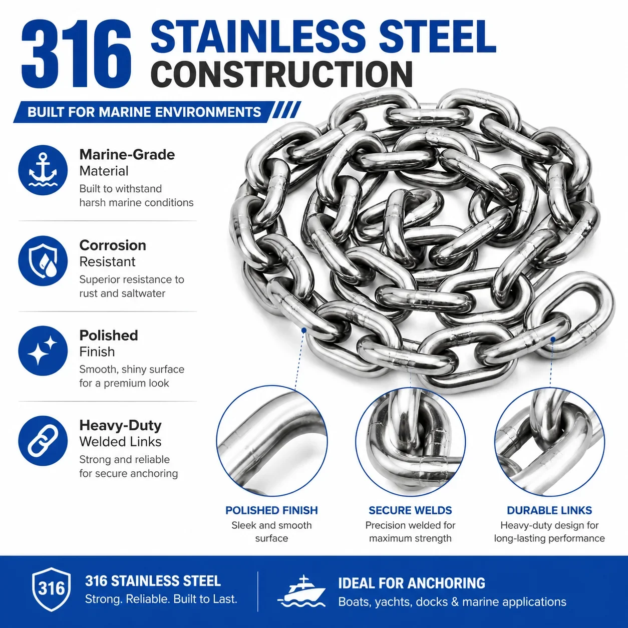 Anchor Chain 316 Stainless Steel Replacement Hardware for Mooring and Windlass Use on Fishing Boats Yachts and Marine Vessels