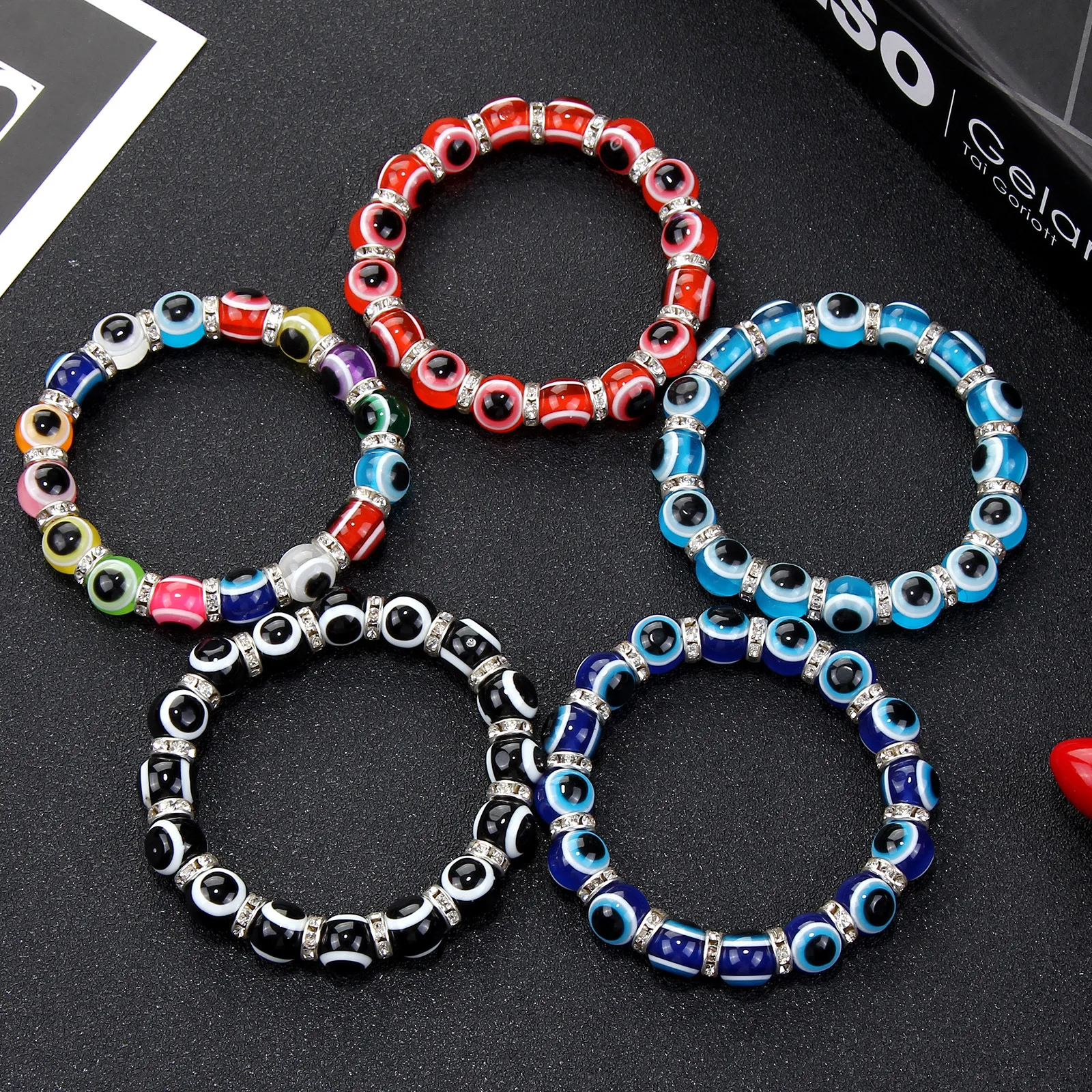 

15pc Colorful Turkish Blue Evil Eye 10mm Beads Handmade Hand Beach Fish Eye Beaded Elasticity Bracelet for Men Women Jewelry