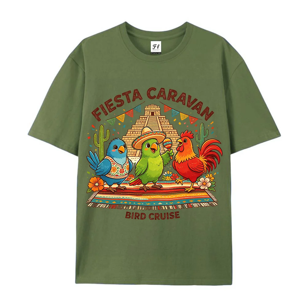 MenFiesta Caravan T Shirt Funny Mexican Birds Graphic Print Tees White Cotton Casual Short Sleeve Beach Holiday Tops