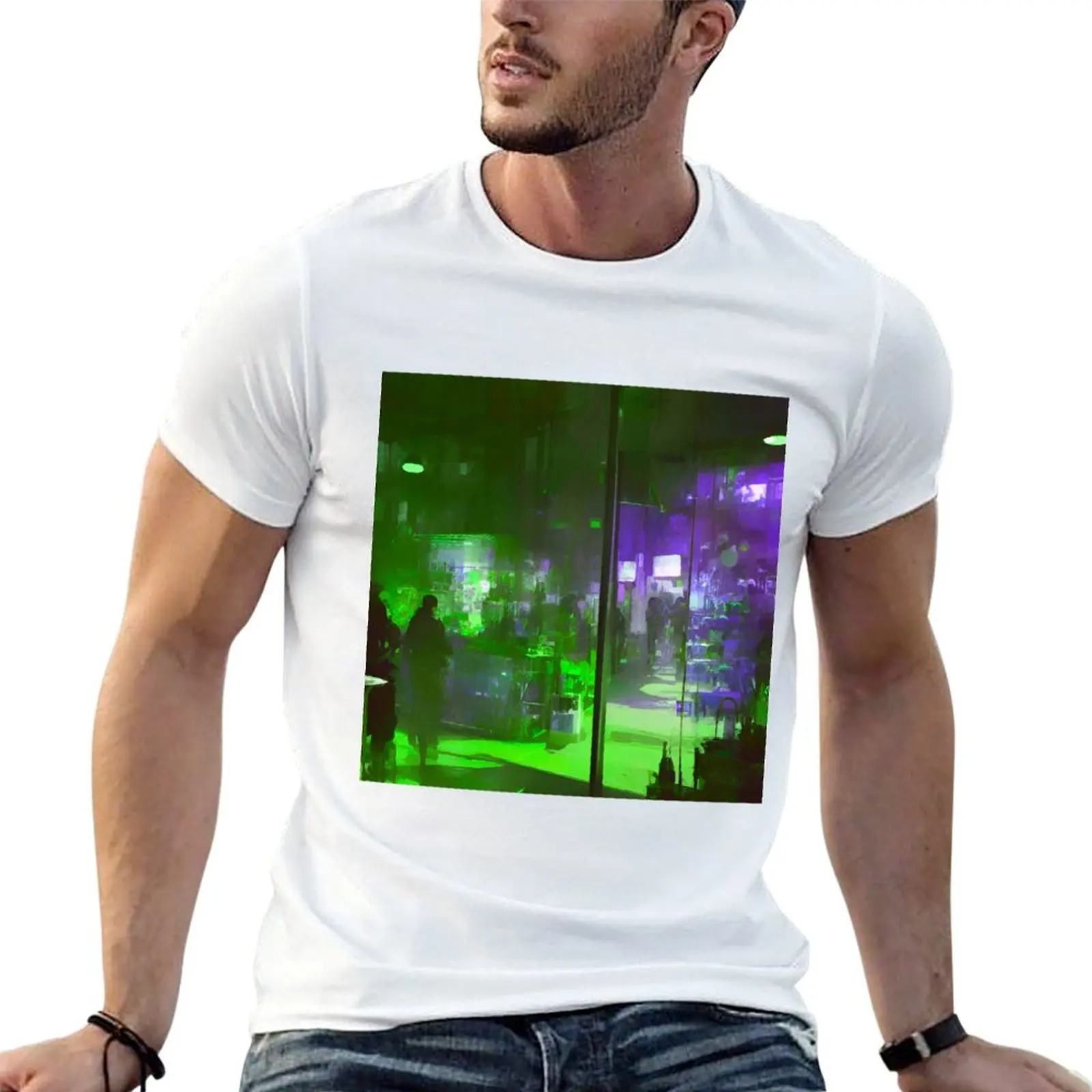Oasis urbano encantado: camiseta con estampado de escena callejera verde y morada, camisetas con estampados