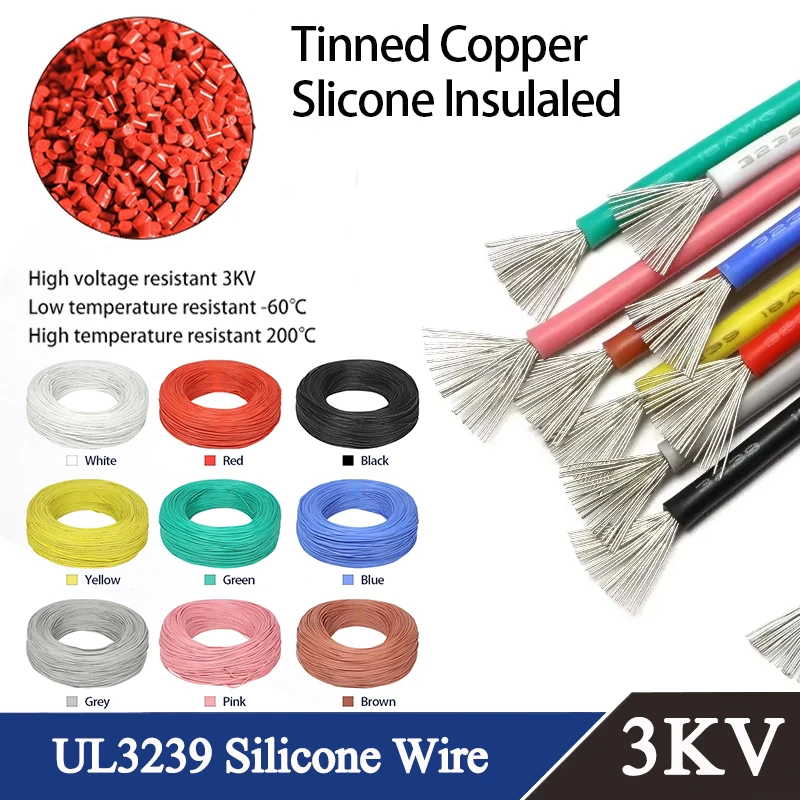 

2/5M UL3239 Soft Rubber Insulated Silicone Wire 30/28/26/24/22/20/18/16/14/12/10/08AWG 3KV DIY LED Tinned Copper Electric Cables