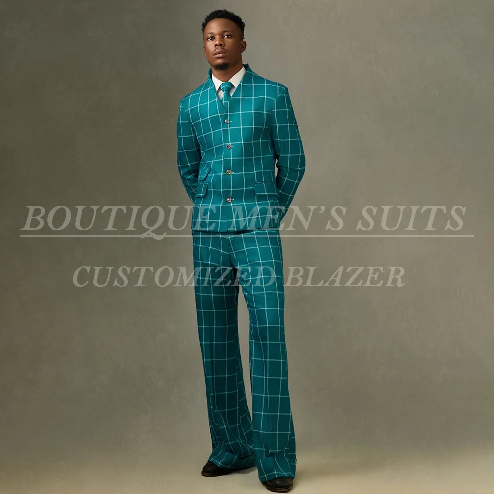 Fashion Check Pattern Men's Suits Blazer Customized Single Breasted Collarless 2 Piece Jacket Pants Costume Homme Terno