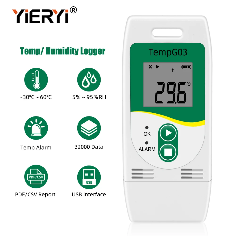 Digital USB Temp Recorder Temperature Humidity Data Logger 32000 Point Data Capacity Datalogger Recorder Alarm for Cold Chain